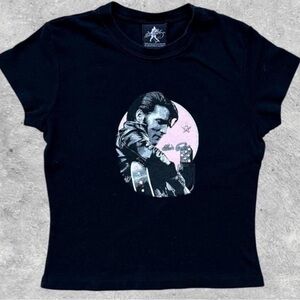 Vtg 90s Dragonfly Elvis Presley Rhinestone Baby Tee XS/S Bling Y2K Style Cropped